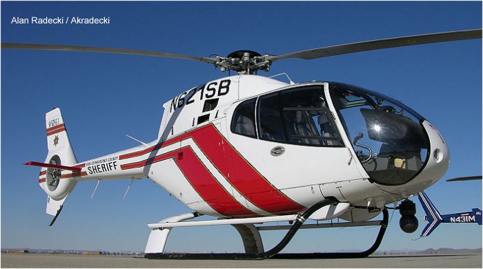 Helicopter Eurocopter EC120B Serial 1043 Register HA-NOT N621SB used by Fly 4 Less ,Silver State Helicopters ,SBSD (San Bernardino County Sheriff Department). Built 1999. Aircraft history and location