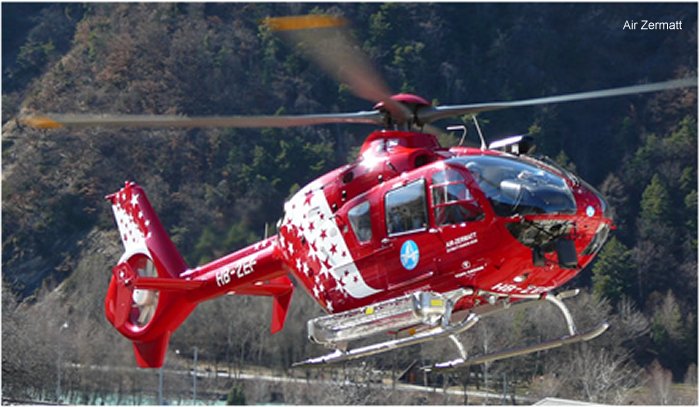 Helicopter Eurocopter EC135T2 Serial 0259 Register HB-ZEF used by Air Glaciers SA ,Air Zermatt AG. Built 2002. Aircraft history and location
