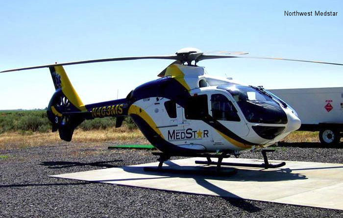 Helicopter Eurocopter EC135P2+ Serial 0718 Register N826LF N403MS N189V used by LFN (Life Flight Network) ,Northwest MedStar ,Tennessee Gas Pipeline Company. Built 2008. Aircraft history and location