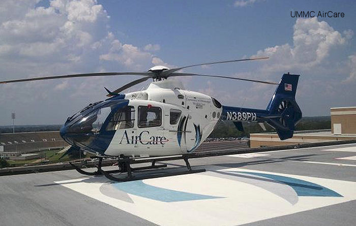 Helicopter Eurocopter EC135P2+ Serial 0710 Register N389PH used by UMMC (University of Mississippi Medical Center) ,PHI Inc. Built 2008. Aircraft history and location