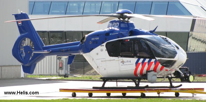 Helicopter Eurocopter EC135P2+ Serial 0798 Register PH-PXD used by Politie Luchtvaart Dienst Politie (police). Built 2009. Aircraft history and location