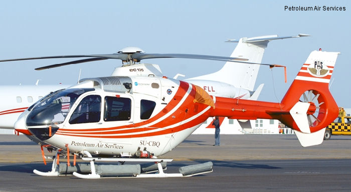 Detailed history and photos of helicopter Eurocopter EC135P2+ Serial 0607 Register SU-CBQ used by Petroleum Air Services PAS Track service timeline and current status.