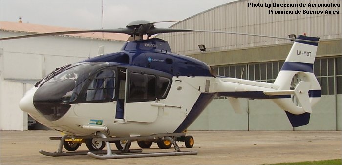 Helicopter Eurocopter EC135T1 Serial 0029 Register LV-YBT D-HECO used by Gobiernos Provinciales Gobierno de la Provincia de Buenos Aires (Aeronautics Division of Buenos Aires Province) ,Eurocopter Deutschland GmbH (Eurocopter Germany). Built 1997. Aircraft history and location