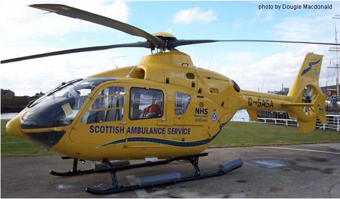 Helicopter Eurocopter EC135T1 Serial 0147 Register G-NIHM G-SASA used by UK Air Ambulances AANI (Air Ambulance Northern Ireland) ,Babcock International Babcock ,SASv (Scottish Ambulance Service) ,Bond Aviation Group. Built 2000. Aircraft history and location