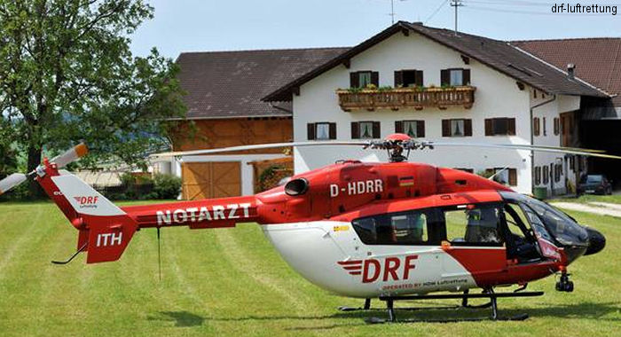 Helicopter Eurocopter EC145 Serial 9038 Register D-HDRR used by DRF Luftrettung DRF Christoph Dortmund (DRF) ,Christoph 47 (DRF) ,HSD Luftrettung Christoph Sachsen-Anhalt (HSD) ,HDM Flugservice Christoph Munchen (HDM). Built 2003. Aircraft history and location