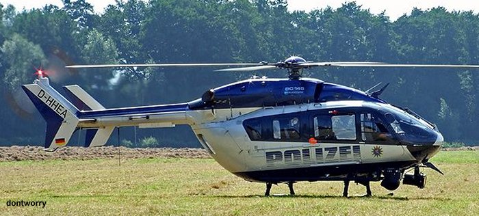 Helicopter Eurocopter EC145 Serial 9004 Register D-HHEA used by Landespolizei (German Local Police). Built 2001. Aircraft history and location