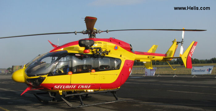 Helicopter Eurocopter EC145 Serial 9452 Register F-ZBQL D-HADK used by Sécurité Civile (French Civilian Security) ,Eurocopter Deutschland GmbH (Eurocopter Germany). Built 2011. Aircraft history and location