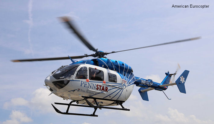 Detailed history and photos of helicopter Eurocopter EC145 Serial 9556 Register N61UP N148AE used by PennSTAR ,American Eurocopter (Eurocopter USA) Track service timeline and current status.