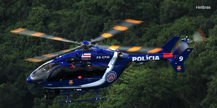 Helicopter Eurocopter EC145 Serial 9538 Register PR-KPM D-HADB used by Polícia Civil (Brazilian Civil Police) ,Helibras ,Eurocopter Deutschland GmbH (Eurocopter Germany). Built 2012. Aircraft history and location