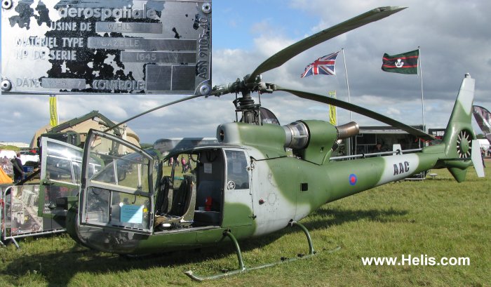 Helicopter Aerospatiale SA341B Gazelle AH.1 Serial 1645 Register XZ327 used by Army Air Corps AAC (British Army). Built 1977. Aircraft history and location