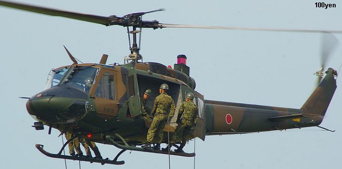 Helicopter Fuji  UH-1J Serial 1J15 Register 41815 used by Japan Ground Self-Defense Force JGSDF (Japanese Army). Aircraft history and location