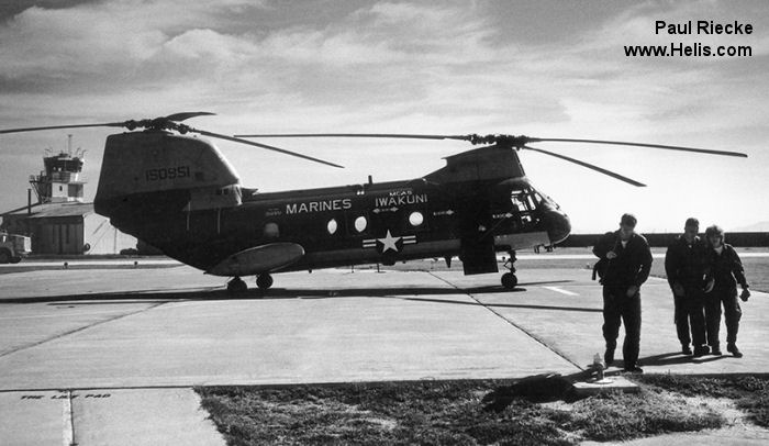 Helicopter Boeing-Vertol CH-46A Serial 2036 Register 150951 used by US Navy (United States Naval Aviation) US Marine Corps. Built 1964. Aircraft history and location