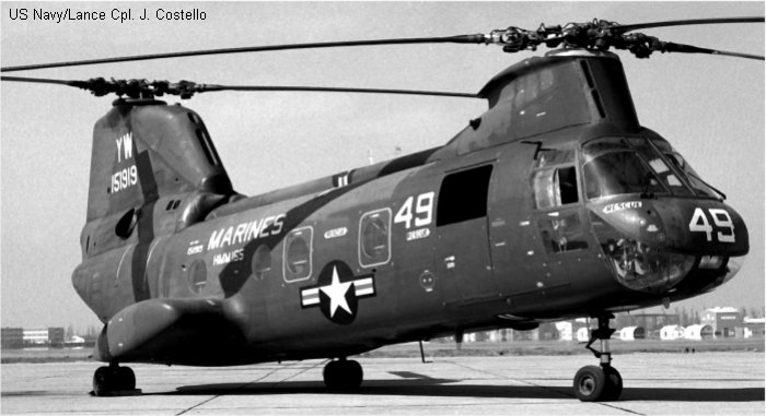 Detailed history and photos of helicopter Boeing-Vertol CH-46A Sea Knight Serial 2069 Register 151919 used by US Marine Corps USMC Track service timeline and current status.