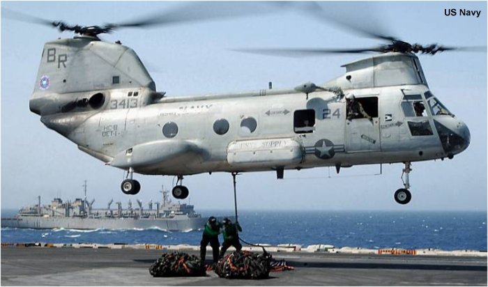 Helicopter Boeing-Vertol UH-46D Serial 2271 Register 153413 used by US Navy (United States Naval Aviation). Built 1967. Aircraft history