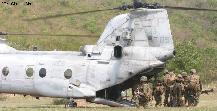 Helicopter Boeing-Vertol CH-46F Serial 2516 Register 156446 used by US Marine Corps USMC. Built 1969. Aircraft history and location