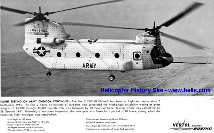 Helicopter Boeing-Vertol YHC-1B / YCH-47A Serial b-002 Register 59-04983 N97645 used by US Army Aviation. Built 1961. Aircraft history