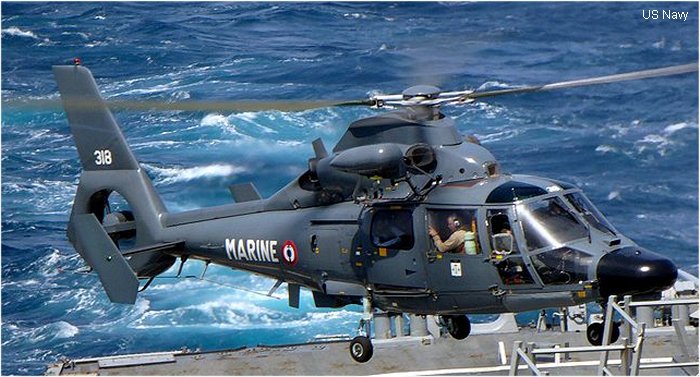 Detailed history and photos of helicopter Aerospatiale SA365F1 Dauphin 2 Serial 6318 Register 318 used by Aéronautique Navale (French Navy) Track service timeline and current status.