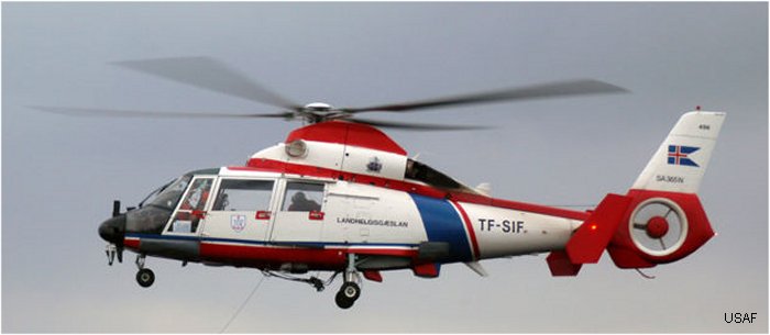 Helicopter Aerospatiale SA365N Dauphin 2 Serial 6136 Register TF-SIF used by Landhelgisgæsla Íslands (Icelandic Coast Guard). Built 1985. Aircraft history and location