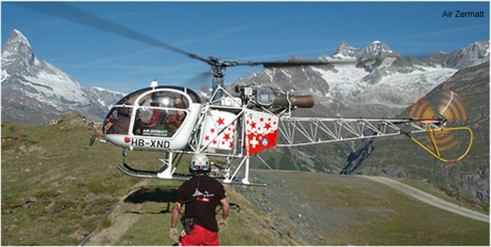 Helicopter Aerospatiale SA315B Lama Serial 2624 Register HB-XND used by Air Zermatt AG. Aircraft history and location