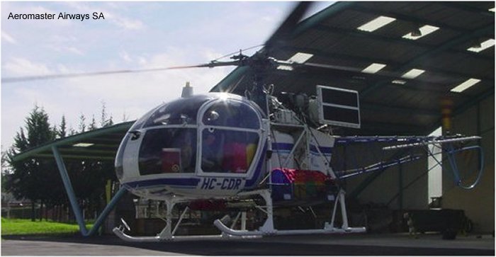 Detailed history and photos of helicopter Aerospatiale SA315B Lama Serial Register HC-CDR used by Aeromaster Track service timeline and current status.