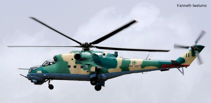 Detailed history and photos of helicopter Mil Mi-35P Hind Serial Register NAF-529 used by Nigerian Air Force Track service timeline and current status.