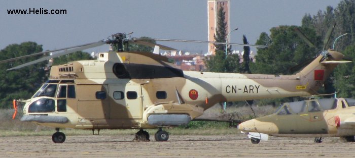 Helicopter Aerospatiale SA330G Puma Serial 1465 Register CN-ARY used by al-Quwwat al-Jaoiyah al-Malakiyah al-Maghribiyah RMAF (Royal Moroccan Air Force). Aircraft history and location