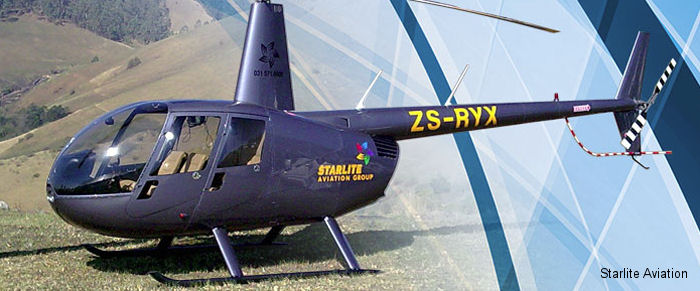 Helicopter Robinson R44 Raven II Serial 12498 Register ZS-RYX used by Starlite Helicopters. Aircraft history and location