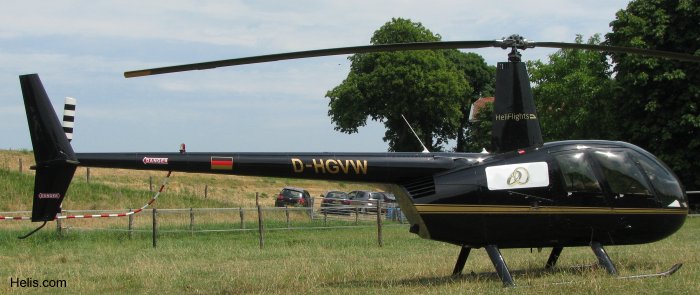 Helicopter Robinson R44 Raven II Serial 12958 Register D-HGVW used by HeliFlights (heliflights). Aircraft history and location