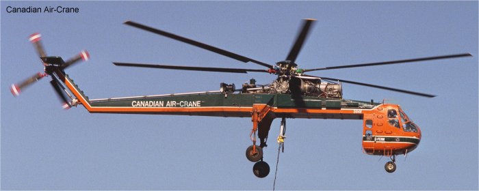 Helicopter Sikorsky CH-54A Tarhe Serial 64-061 Register C-FCRN N172AC 68-18456 used by Canadian Air Crane ,Erickson ,US Army Aviation Army. Built 1968. Aircraft history and location