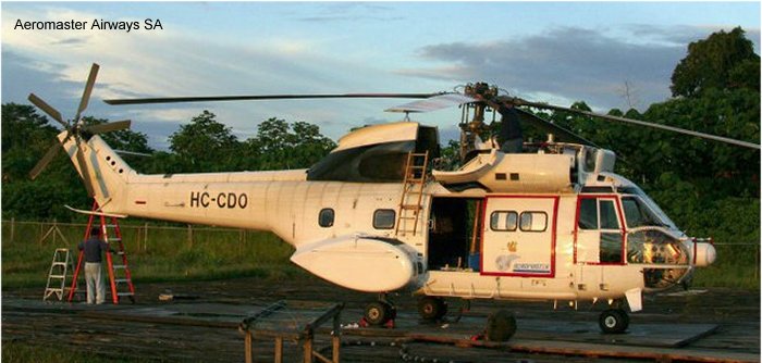 Helicopter Aerospatiale SA330J Puma Serial 1478 Register N815AR N505R HC-CDO VH-WOD G-BFEU used by US Navy USN ,EP Aviation ,Aeromaster ,Geo-Seis Helicopters ,Roberts Aircraft Company ,Bristow Australia AUSBU ,Bristow. Built 1977. Aircraft history and location