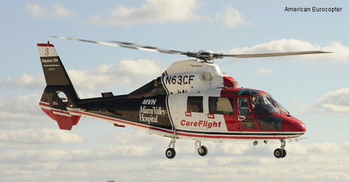Helicopter Aerospatiale SA365N Dauphin 2 Serial 6068 Register N63CF N365UC HB-XOG used by Airbus Helicopters Inc (Airbus Helicopters USA) ,MVH (Miami Valley Hospital) ,UCAN (University Of Chicago Hospitals). Built 1983. Aircraft history and location