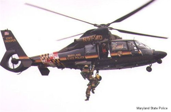 Detailed history and photos of helicopter Aerospatiale SA365N1 Dauphin 2 Serial 6320 Register N95MD used by MSP (Maryland State Police) Track service timeline and current status.