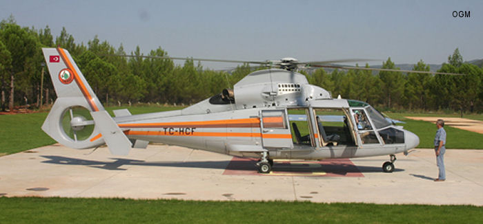 Helicopter Aerospatiale SA365N1 Dauphin 2 Serial 6302 Register TC-HCF used by Orman Genel Müdürlüğü OGM (General Directorate of Forestry). Aircraft history and location