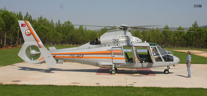 Detailed history and photos of helicopter Aerospatiale SA365N1 Dauphin 2 Serial 6302 Register TC-HCF used by Orman Genel Müdürlüğü OGM (General Directorate of Forestry) Track service timeline and current status.