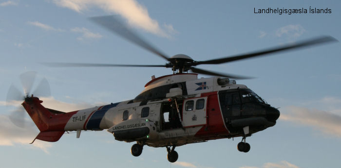 Detailed history and photos of helicopter Aerospatiale AS332 Super Puma Serial 2210 Register TF-LIF used by Landhelgisgæsla Íslands (Icelandic Coast Guard) Track service timeline and current status.