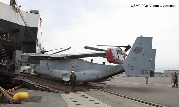 Detailed history and photos of helicopter Bell MV-22B Osprey Serial D0147 Register 168017 used by US Marine Corps USMC Track service timeline and current status.