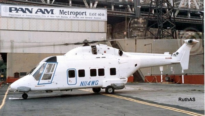 Helicopter Westland 30-100-60 Serial 014 Register N114WG G-EFIS used by Pan Am ,Westland. Built 1984. Aircraft history and location
