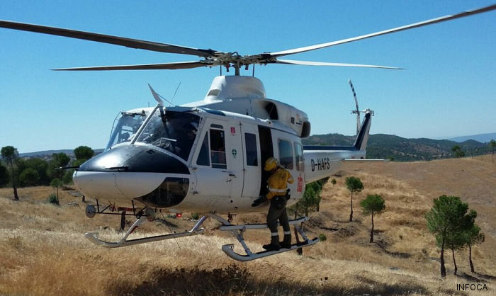 Detailed history and photos of helicopter Agusta AB412 Serial 25514 Register D-HAFS AF-406 used by Pegasus Aero Group ,Agrarflug Helilift GmbH ,uganda air force Track service timeline and current status.