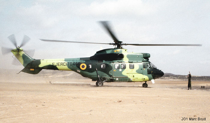 Helicopter Aerospatiale AS332B Super Puma Serial 2138 Register E-466 used by Ejercito Ecuatoriano (Ecuadorian Army). Aircraft history and location