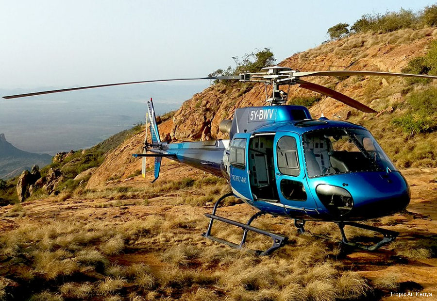 Helicopter Eurocopter AS350B3 Ecureuil Serial 4482 Register 5Y-BWV ZS-RBS used by Tropic Air Kenya ,Eurocopter Southern Africa. Built 2008. Aircraft history and location