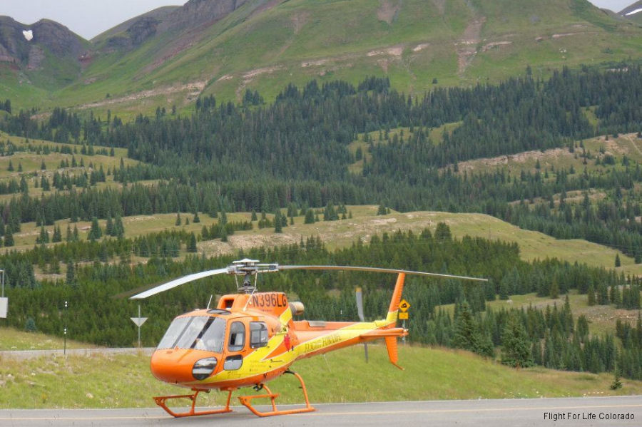 Helicopter Eurocopter AS350B3 Ecureuil Serial 3336 Register N396LG N415AE used by LifeMed Alaska ,FFLC (Flight For Life Colorado) ,Air Methods ,CFS Air ,American Eurocopter (Eurocopter USA). Built 2000. Aircraft history and location