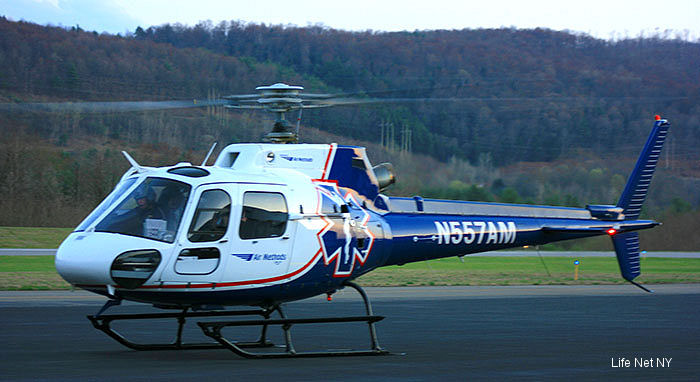 Helicopter Eurocopter AS350B2 Ecureuil Serial 4337 Register N557AM used by LifeNetNY (LifeNet of New York) ,Air Methods. Built 2007. Aircraft history and location