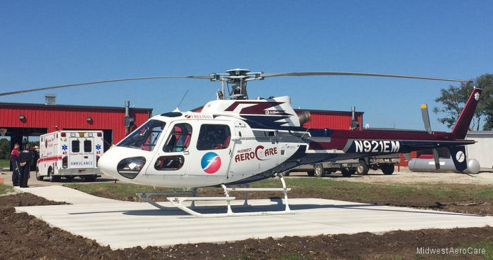 Detailed history and photos of helicopter Airbus AS350B2 Ecureuil Serial 7886 Register N921EM N105AH used by Midwest AeroCare ,Med Trans Corp ,Airbus Helicopters Inc (Airbus Helicopters USA) Track service timeline and current status.