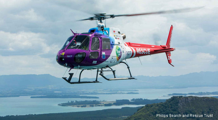 Helicopter Aerospatiale AS350B1 Ecureuil Serial 1985 Register ZK-HZM JA9466 used by New Zealand Rescue Helicopters PSRT (Philips Search and Rescue Trust). Aircraft history and location