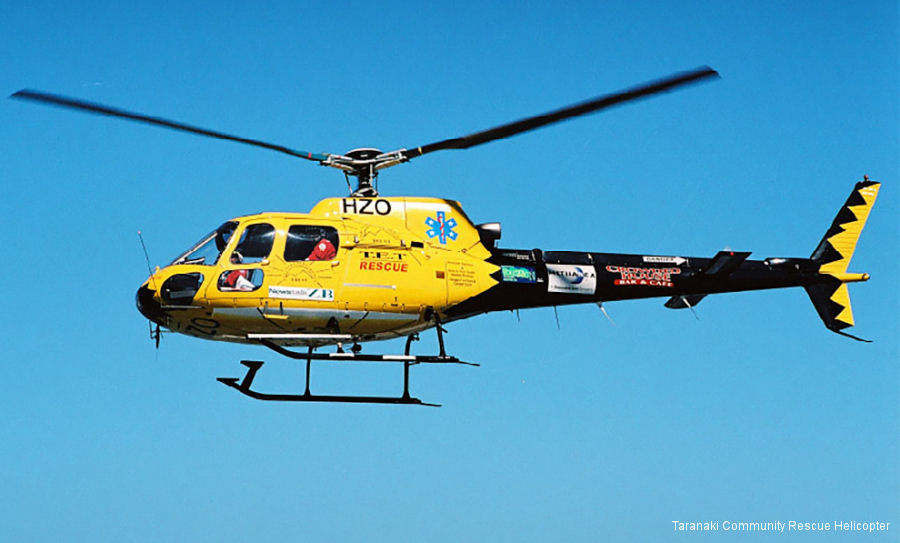 Helicopter Aerospatiale AS350B Ecureuil Serial 1034 Register ZK-HZO VH-SRA used by The Helicopter Line Ltd ,New Zealand Rescue Helicopters Taranaki Rescue Helicopter Trust. Aircraft history and location