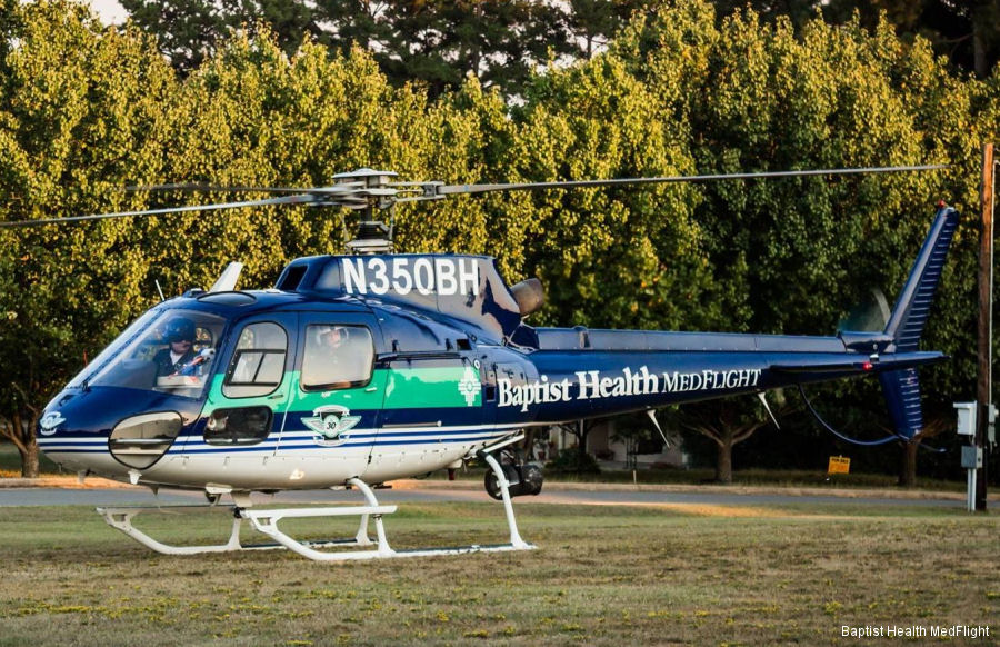 Detailed history and photos of helicopter Eurocopter AS350B2 Ecureuil Serial 2813 Register N350BH used by Baptist Health MedFlight Track service timeline and current status.