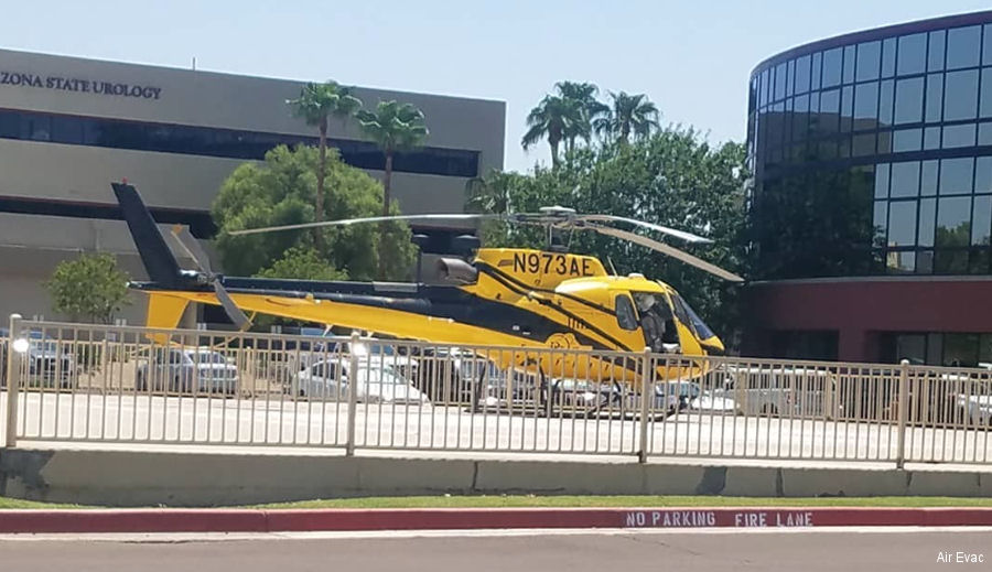 Helicopter Eurocopter AS350B3 Ecureuil Serial 3229 Register N973AE C-GFIH used by Air Evac (Air Evac Arizona) ,PHI Air Medical ,American Eurocopter (Eurocopter USA) ,Eurocopter Canada. Built 1999. Aircraft history and location