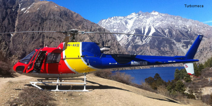 Helicopter Eurocopter AS350B3e Ecureuil Serial 7420 Register 9N-AKB used by Mountain Helicopters Nepal. Aircraft history and location