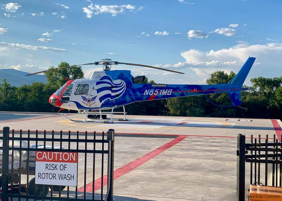 Detailed history and photos of helicopter Eurocopter AS350B3e Ecureuil Serial 7236 Register N851MB N871AG used by NCMC (North Colorado Med Evac) ,Med Trans Corp ,Guardian Flight AMRG ,American Eurocopter (Eurocopter USA) Track service timeline and current status.
