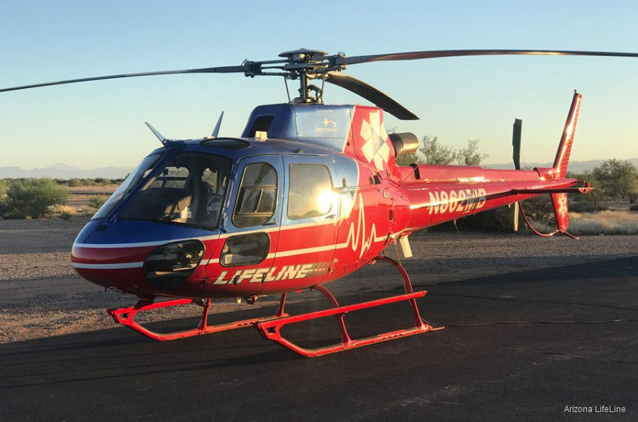 Detailed history and photos of helicopter Eurocopter AS350B3e Ecureuil Serial 7771 Register N862MB used by Arizona LifeLine ,Med Trans Corp ,Guardian Flight AMRG ,American Eurocopter (Eurocopter USA) Track service timeline and current status.